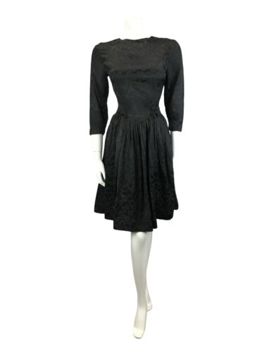 VTG 60S BLACK LEOPARD PRINT BROCADE FITTED DROPPED WAIST BOW PARTY LBD DRESS 6