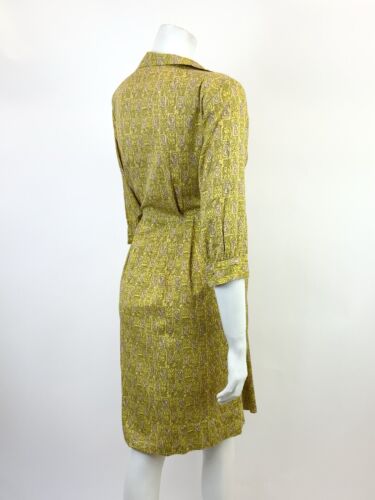 VTG 60s 70s YELLOW BEIGE BLACK SWIRLING GEOMETRIC PSYCHEDELIC SHIRT DRESS 12 14