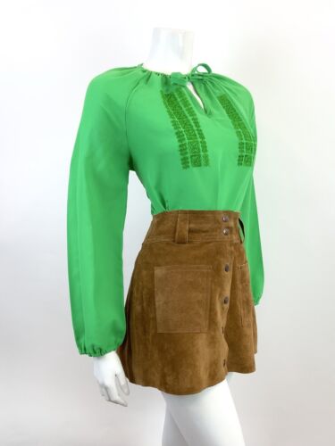 VINTAGE 60s 70s APPLE GREEN EMBROIDERED BOHO FOLK PEASANT BLOUSE TOP 12 14