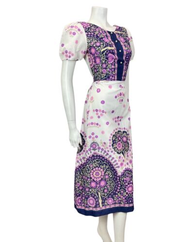 VTG 60s 70s WHITE PURPLE PINK FLORAL BOHO FOLK PUFF SLEEVE MIDI SUMMER DRESS 10