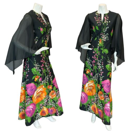 VTG 70S FLORAL CAPE SLEEVE MAXI DRESS WEDDING BLACK GREEN PINK ORANGE 6 8