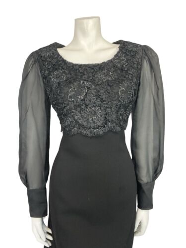 VTG 60S BLACK WOOL MESH BISHOP SLEEVE EMPIRE RIBBON LACE PARTY MINI DRESS 10 12