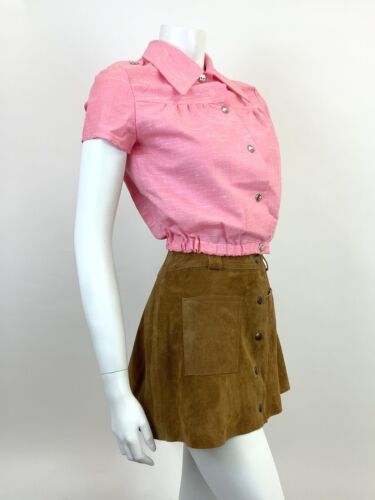 VINTAGE 60s 70s BABY PINK WHITE MOD DAGGER COLLAR CROPPED SHIRT TOP 8 10