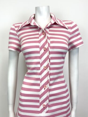 VINTAGE 60s 70s PINK WHITE STRIPED MOD DAGGER COLLAR SWING SHIRT DRESS 10