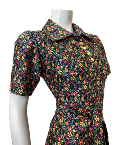 VINTAGE 60s 70s BLUE GREEN ORANGE DITSY DAISY FLOWER SHIRT SWING DRESS 12 14