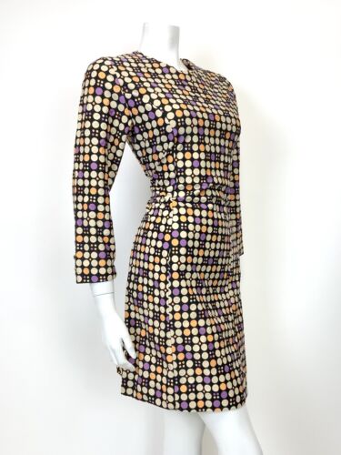 VTG 60s 70s STYLE 90s BLACK BEIGE PURPLE POLKA-DOT MOD SHORT SCOOTER DRESS 10 12