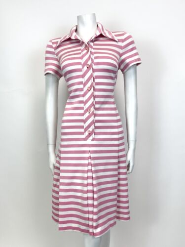 VINTAGE 60s 70s PINK WHITE STRIPED MOD DAGGER COLLAR SWING SHIRT DRESS 10