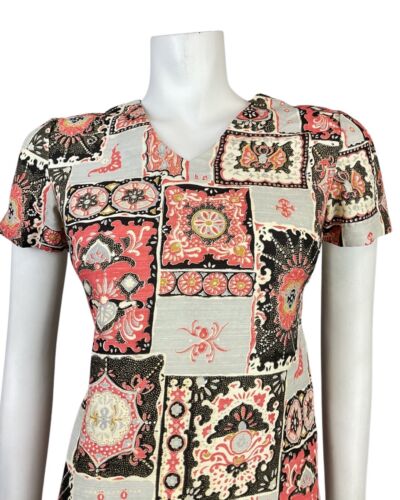 VINTAGE 60s 70s GREY BLACK RED PATCHWORK PSYCHEDELIC PAISLEY FLORAL MOD DRESS 10