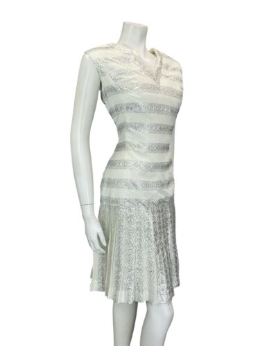 VTG 60S WHITE SILVER METALLIC RIBBON DROPPED WAIST PLEATED PARTY MIDI DRESS 14