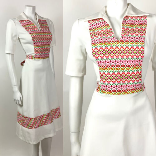 VTG 60s 70s WHITE PINK ORANGE GREEN GEOMETRIC MOD WING COLLAR SHIRT DRESS 10