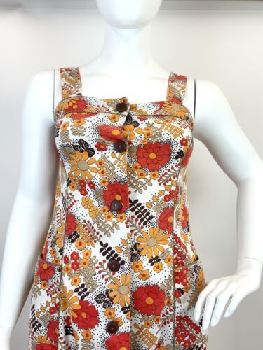 VTG 60s 70s WHITE ORANGE BROWN FLORAL DOTTY PSYCHEDELIC PINAFORE APRON DRESS 14