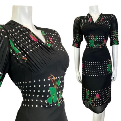 VINTAGE 60s 70s BLACK WHITE PINK FLORAL POLKA-DOT SHEER SUMMER DRESS 12