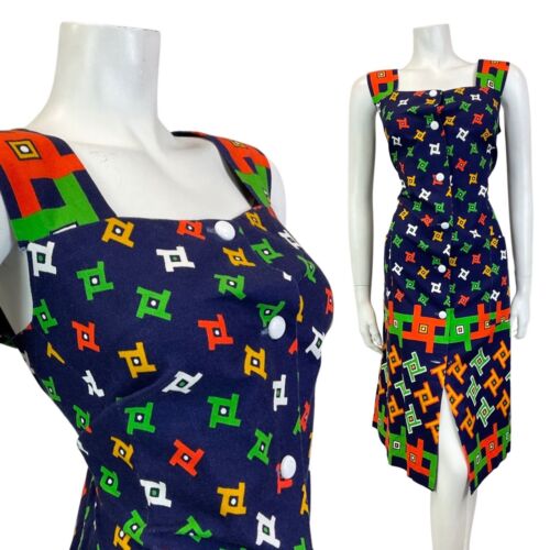 VINTAGE 60s 70s BLUE RED GREEN GEOMETRIC MOD SLEEVELESS DRESS 14