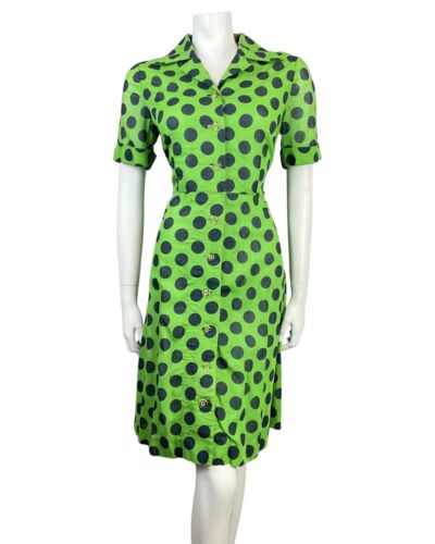 VINTAGE 60s 70s APPLE GREEN BLUE POLKA-DOT MOD DAGGER SHIRT DRESS 12 14