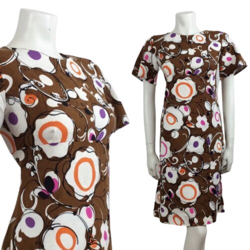 60S VINTAGE PSYCHEDELIC BROWN PURPLE PINK ORANGE DRESS 10 12