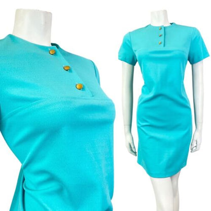 VINTAGE 60s 70s AQUA BLUE GOLD MOD SCOOTER SHORT DRESS 12 14