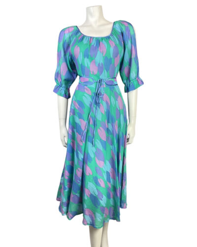 VTG 70s 80s GREEN BLUE PURPLE TULIP ABSTRACT BELTED BLOUSON SWING DRESS 10 12