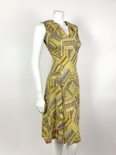 VTG 60s 70s YELLOW GREEN PURPLE PSYCHEDELIC GEOMETRIC SHIRT COLLAR DRESS 10