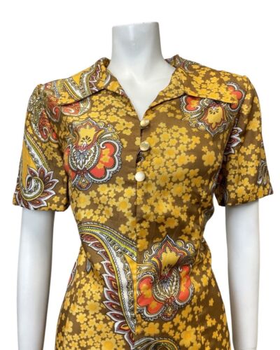 VINTAGE 60s 70s BROWN YELLOW ORANGE FLORAL PAISLEY DAGGER SHIRT DRESS 12 14