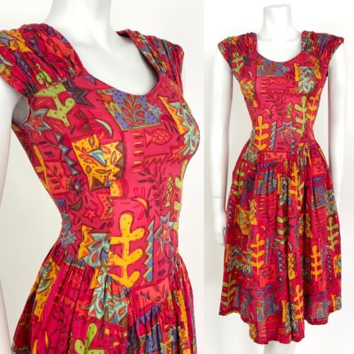 VTG 70s 80s RED BLUE YELLOW ETHNIC GEOMETRIC STAR FISH SLEEVELESS SUMMER DRESS 8