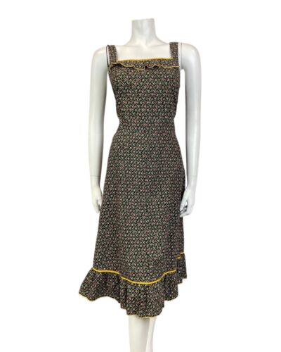 VINTAGE 70s BLACK WHITE PINK DITSY FLOWER PRAIRIE BOHO SUMMER SUN-DRESS 10