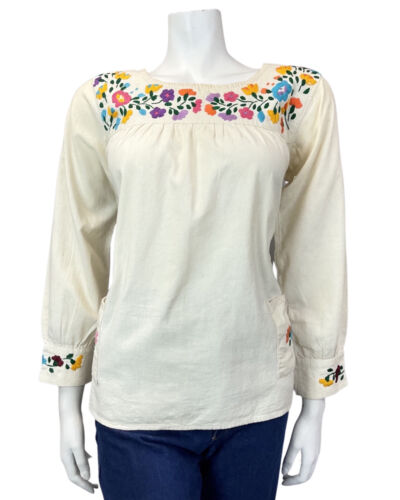 VINTAGE 60s 70s CREAM RED YELLOW FLORAL EMBROIDERED BOHO FOLK BLOUSE 10 12