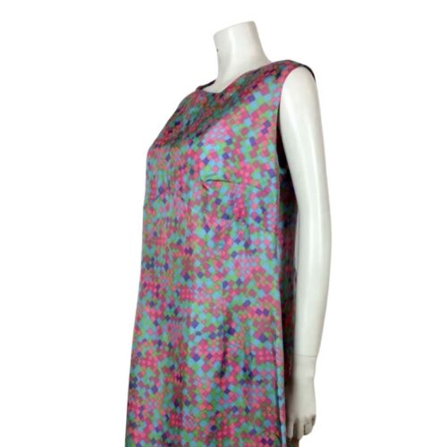 AMAZING 60S VINTAGE PSYCHEDELIC SQUARE PINK BLUE GREEN PURPLE MIDI DRESS 12 14