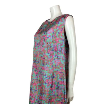 AMAZING 60S VINTAGE PSYCHEDELIC SQUARE PINK BLUE GREEN PURPLE MIDI DRESS 12 14