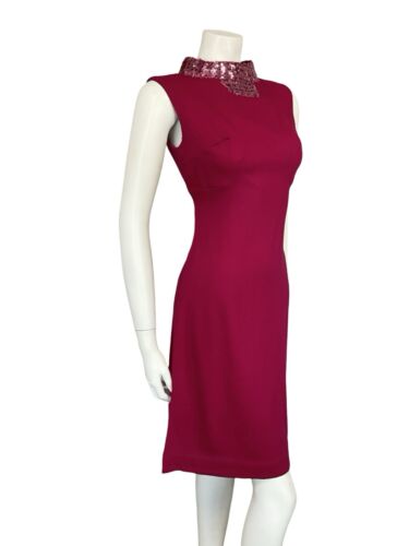 VTG 60S MOD RASPBERRY PINK SEQUIN COLAR SLEEVELESS SHIFT MINI PARTY DRESS S 8 10