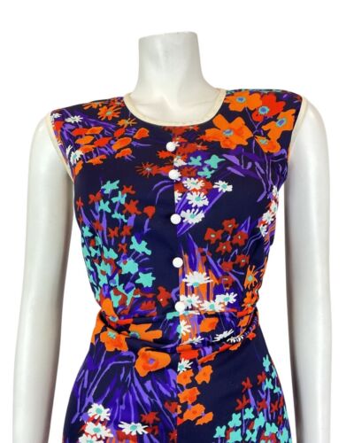 VINTAGE 60s 70s PURPLE ORANGE TEAL FLORAL MOD SLEEVELESS DRESS 12 14