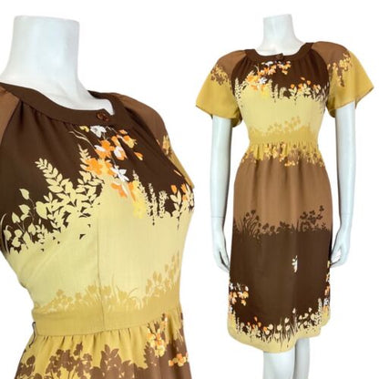 VINTAGE 70s 90s BROWN CREAM ORANGE AUTUMN LEAFY FLORAL FITTED DRESS 8