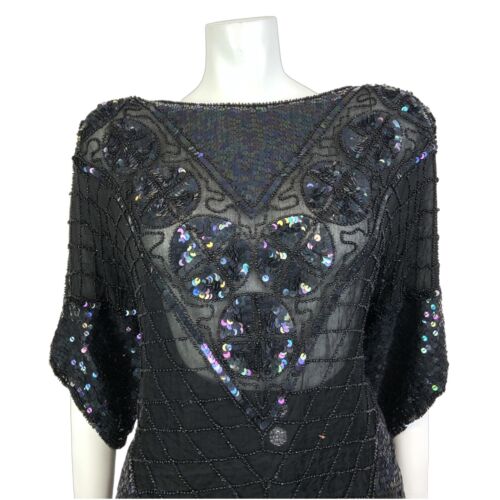 VTG 70s BLACK SEQUIN BEADED GEOMETRIC CHECKED DISCO GLAM SHEER SILK TOP 20 22