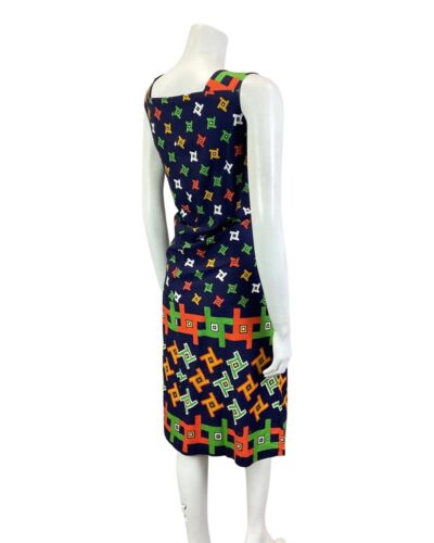 VINTAGE 60s 70s BLUE RED GREEN GEOMETRIC MOD SLEEVELESS DRESS 14