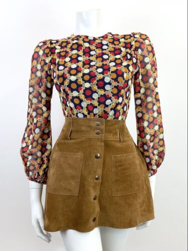 VTG 60s 70s BLUE GOLD RED ORANGE POLKA-DOT FLORAL EMBROIDERED SHEER BLOUSE 6 8