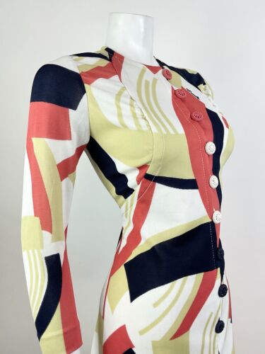 VINTAGE 70s WHITE BLUE RED CREAM GEOMETRIC ABSTRACT MOD FITTED DRESS 10 12