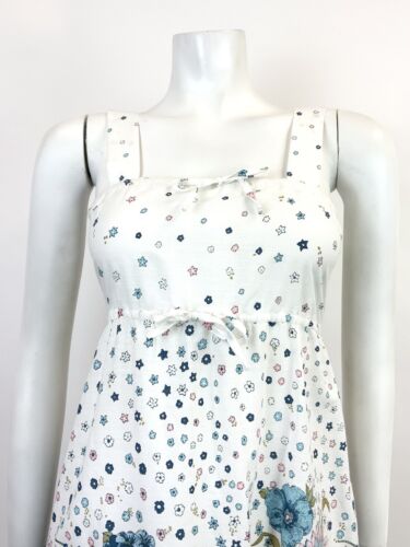 VTG 60s 70s WHITE BLUE PINK GOLD FLORAL DITSY EMPIRE LINE STRAPPY SUN DRESS 8