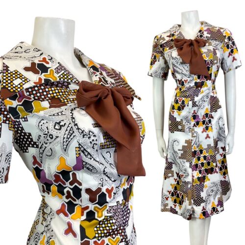 VTG 60s 70s WHITE BROWN YELLOW GEOMETRIC DOTTY FLORAL MOD WING SHIRT DRESS 16