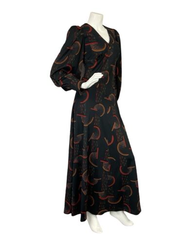 VTG 70S BLACK RED BROWN GEOMTRIC ROMNTIC BISHOP SLEEVE BASQUE WAIST MAXI DRESS 8