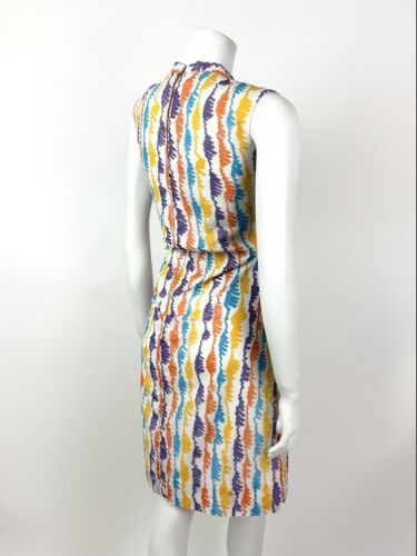 VTG 60s 70s WHITE PURPLE YELLOW BLUE STRIPED SQUIGGLE SHIFT DRESS 10