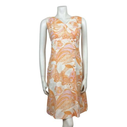 AMAZING 60S VINTAGE WHITE ORANGE PINK PSYCHEDELIC DRESS 14