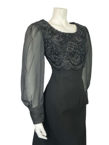 VTG 60S BLACK WOOL MESH BISHOP SLEEVE EMPIRE RIBBON LACE PARTY MINI DRESS 10 12