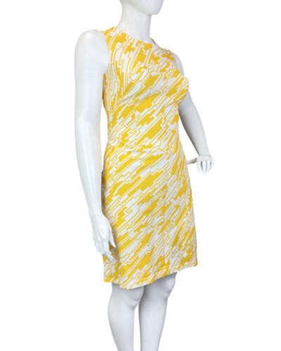 VINTAGE 60s 70s YELLOW WHITE GEOMETRIC MOD SLEEVELESS SHIFT DRESS 16