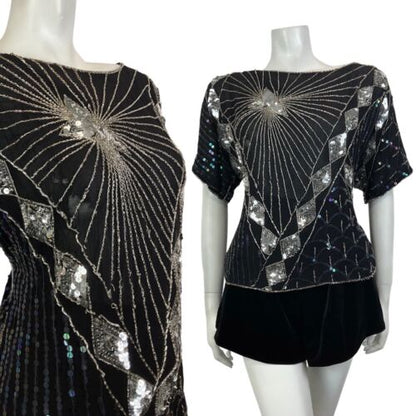 VTG 70s BLACK SILVER SEQUIN BEADED ART DECO SCALES GEOMETRIC DISCO TOP 16 18