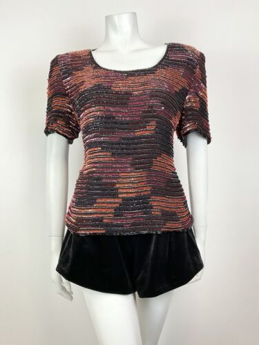 VTG 70s 80s BLACK ORANGE RED PURPLE SEQUIN STRIPED DISCO PARTY BLOUSE TOP 14