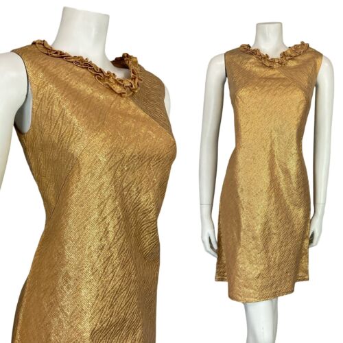 VTG 60S MOD GOLD ZIG ZAG RUFFLE NECK SLEEVELESS MINI SHIFT PARTY DRESS 10