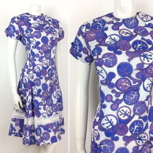 AMAZING VINTAGE 60s 70s ABSTRACT FLORAL DRESS PURPLE BLUE WHITE 10 12