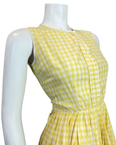 VINTAGE 50s 60s LEMON YELLOW WHITE GINGHAM CHECKED PLEATED SWING SUMMER DRESS 6