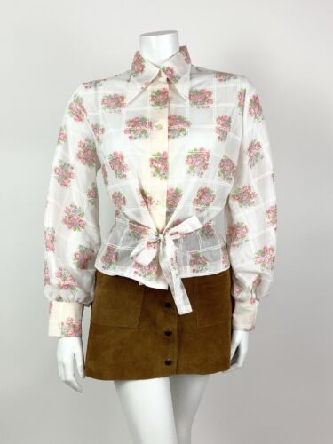 VTG 60s 70s WHITE FLORAL CHECKED DAGGER COLLAR FOLK PUFF SLEEVE SHIRT 12 14