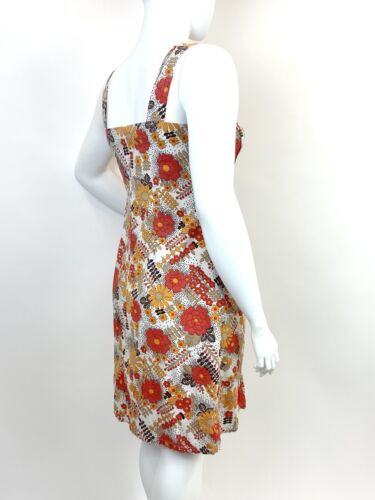 VTG 60s 70s WHITE ORANGE BROWN FLORAL DOTTY PSYCHEDELIC PINAFORE APRON DRESS 14