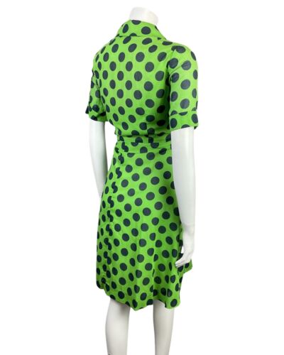 VINTAGE 60s 70s APPLE GREEN BLUE POLKA-DOT MOD DAGGER SHIRT DRESS 12 14